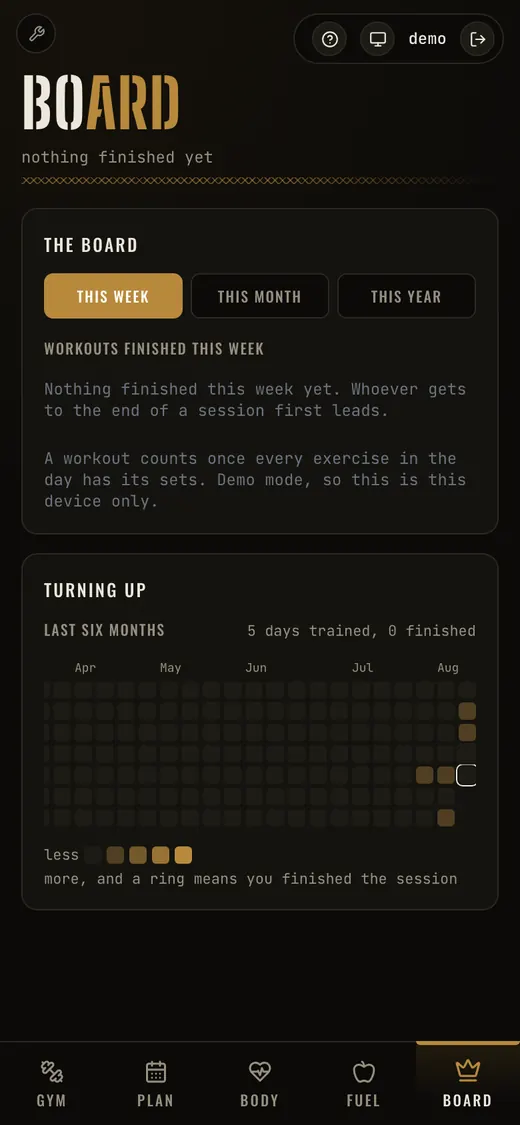 The board screen: a weekly leaderboard and a six-month grid of training days.