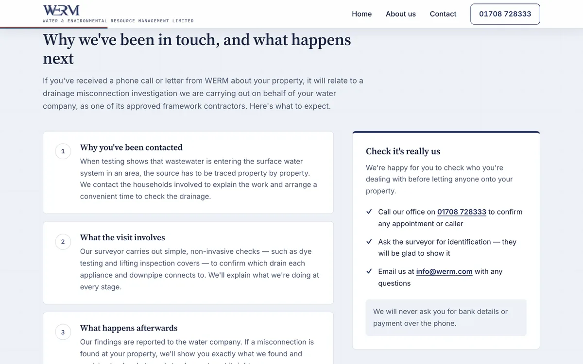 A section headed 'Why we've been in touch, and what happens next', with three numbered steps beside a panel headed 'Check it's really us' listing ways to verify a caller.